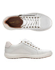 Top and side view of Clarks white sneaker with lace and side zipper closure.