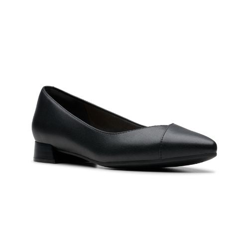 Natalyn Wish flat in black. Black leather upper with low stacked heel. Outsole is black.