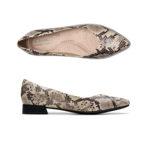 Top and profile view of Natalyn Wish flat in snake. A pointed toe ballet flat with a low stacked heel. Clarks branding is visible on the insole. 