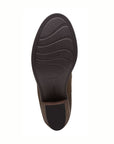 Dark brown outsole of Neva Zip bootie in taupe. 