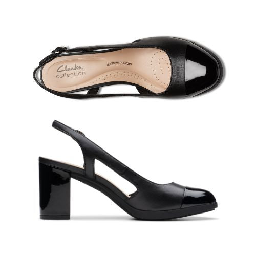 Top and profile view of Bayla Joy in black. A closed toe pump with side cutouts and a slingback heel. 