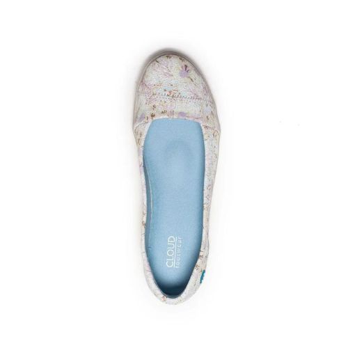 Top view of Acacia flat in floral. Insole and lining are blue leather with Cloud logo visible.