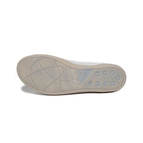 Taupe rubber outsole of Aika sneaker in white. 