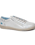 Aika sneaker in white. White leather upper with a pearlescent finish. Features zipper and lace closure. Cloud logo displayed on small blue badge is visible at the heel. 