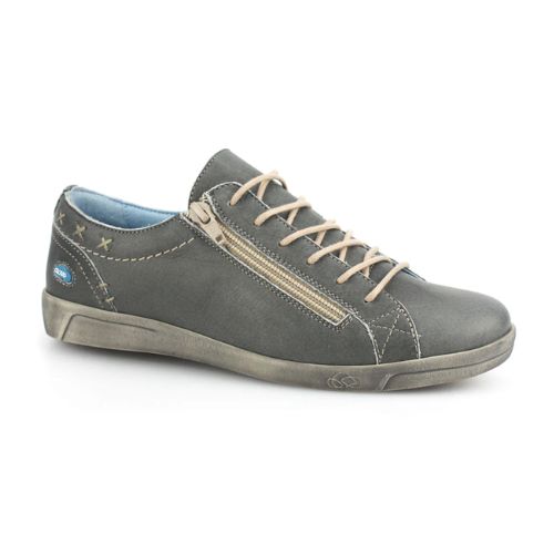 Grey leather sneaker with zipper and lace closure. Cloud logo displayed on small blue badge is visible at the heel.