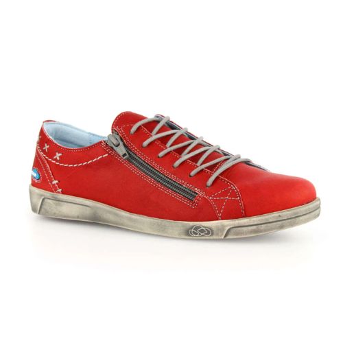 Red leather sneaker with zipper and lace closure. Cloud logo displayed on small blue badge is visible at the heel.