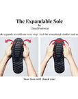 Demonstration of the outsole of Cloud boots with the text "The sole expands in width on every step! Feel the sensational comfort and support!" 