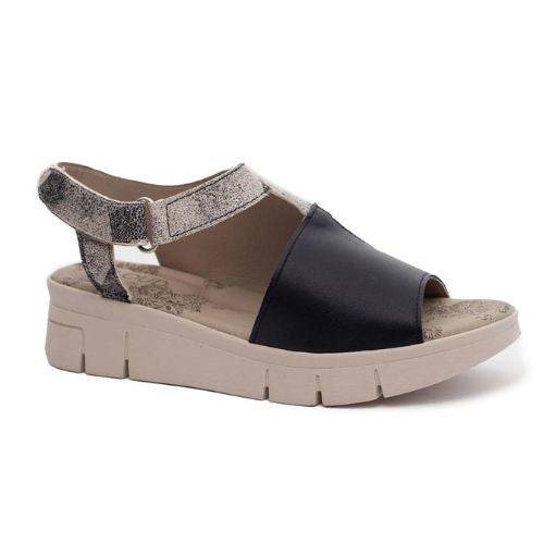 Wedge sandal with grey and black leather upper and off white wedge outsole. Asymmetrical upper features adjustable ankle strap.