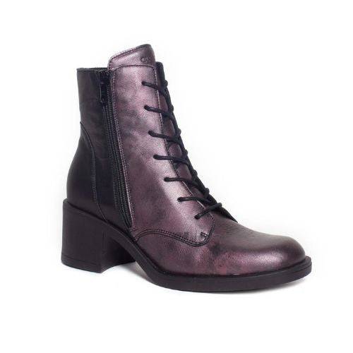 Metallic purple leather ankle boot with black laces and side zipper. Outsole is black with a 2 inch block heel. 