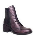 Metallic purple leather ankle boot with black laces and side zipper. Outsole is black with a 2 inch block heel. 