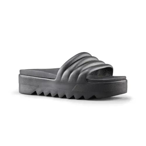 Pool Party Slide Sandal in Black. A solid coloured black sandal with a 1.5 inch platform outsole, designed with deep grooves. 