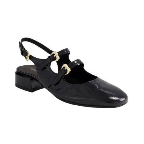 Django & Juliette Viraz Slingback in black patent leather with gold buckle accents and low block heel.