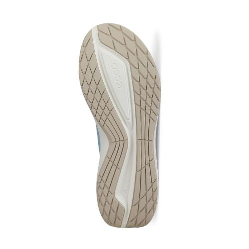 White and beige textured outsole with Ecco logo printed near the toe. 