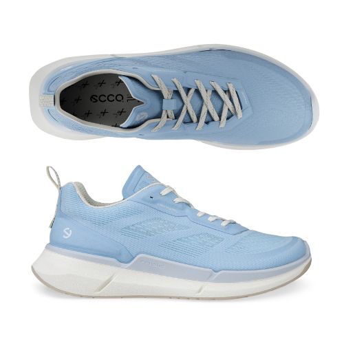 A pair of light blue mesh sneakers with Ecco branding on footbed and white midsole and beige outsole. Laces are white.