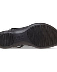 Black, textured rubber outsole of a sandal with Ecco logo is stamped in the center. 