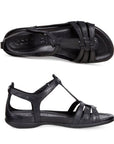 A pair of strappy all black leather sandals with an adjustable strap across the instep and 3 detailed straps across toe. 