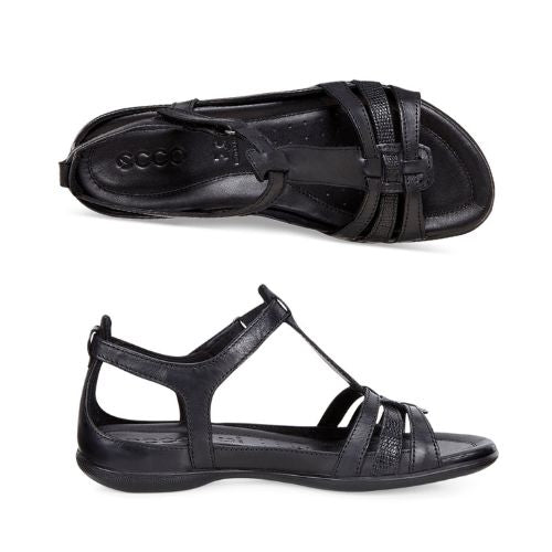 A pair of strappy all black leather sandals with an adjustable strap across the instep and 3 detailed straps across toe. 