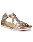 A strappy all bronze leather sandal with an adjustable strap across the instep and 3 detailed straps across toe. 