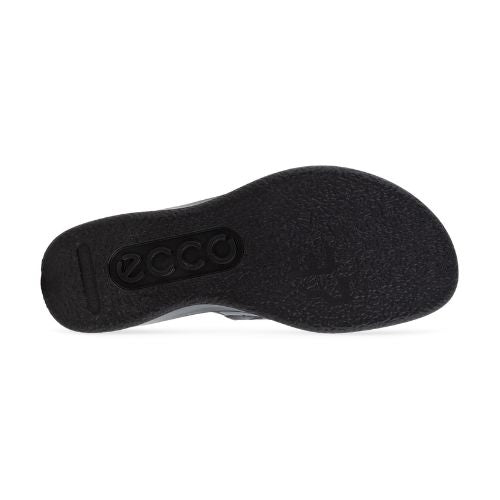 Textured rubber outsole of a slide sandal with Ecco logo is stamped in the center. 