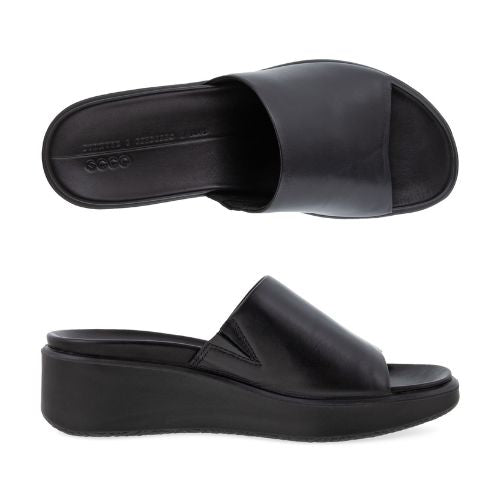 A pair of Ecco all black slide sandals with a 3cm platform outsole. 