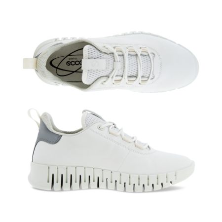 A pair of Ecco white leather sneakers with white flexible outsole.