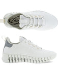 A pair of Ecco white leather sneakers with white flexible outsole.