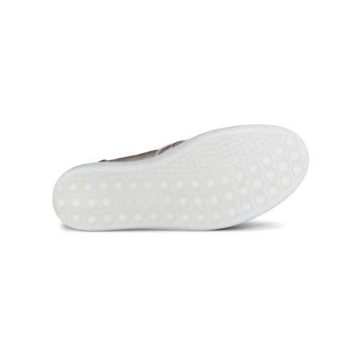 A clear outsole with circle tread pattern and Ecco logo in middle.