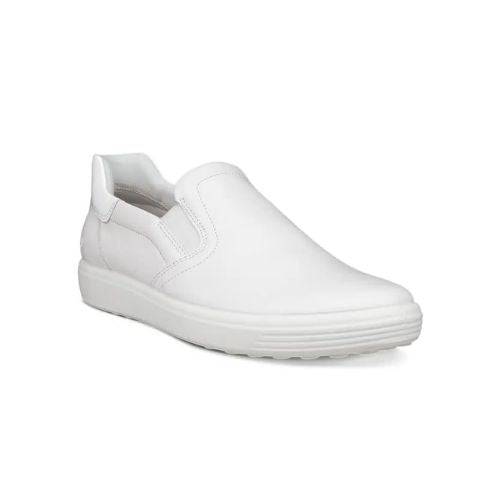 An Ecco slip on shoe with white leather upper and rubber outsole.