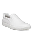 An Ecco slip on shoe with white leather upper and rubber outsole.