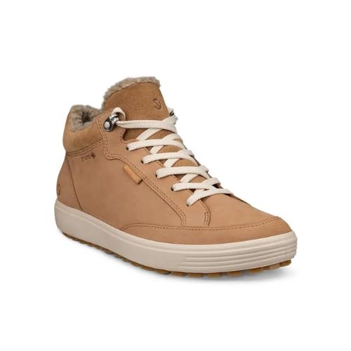 An Ecco beige nubuck upper with white laces and a white midsole. Taupe faux-fur lining is visible around the collar. 