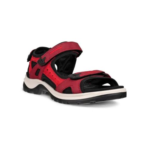 An Ecco Yucatan  light and dark red nubuck sandal with black accents on velcro heel, instep and toe straps. Footbed is black, midsole is white, and outsole is black.