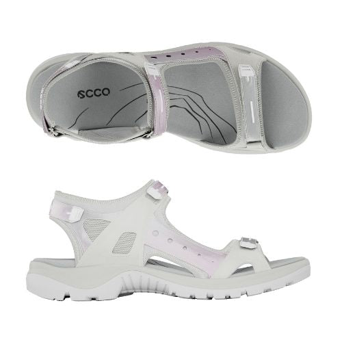 A pair of  Ecco Yucatan all white nubuck sandals with whiter accents on velcro heel, instep and toe straps. Footbed is logoed, midsole and outsole are white.