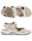 A pair of Ecco Yucatan light and dark tan nubuck sandals with black accents on velcro heel, instep and toe straps. Footbed is tan, midsole is white, and outsole are grey.