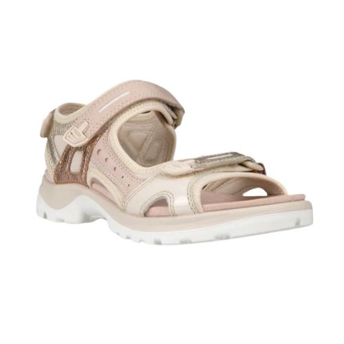 An Ecco Yucatan light pink nubuck sandal with  rose gold accents on velcro heel, instep and toe straps. Footbed and midsole are pinks and outsole is white.