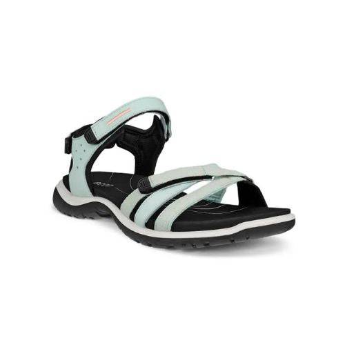 An Ecco walking sandal with light blue uppers and black lining, velcro heel, instep and toe straps. The midsole is white with a black outsole.