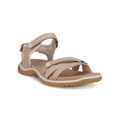 An Ecco walking sandal with nude uppers in accenting shades, velcro heel, instep and toe straps. The midsole is white with a tan outsole.