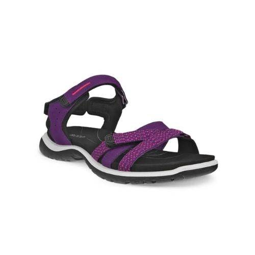 An Ecco walking sandal with purple uppers with textured accents and black lining, a velcro heel, instep and toe straps. The midsole is white with a black outsole.