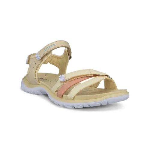 An Ecco walking sandal with straw uppers in accenting pink toe strap in between 2 straw toe straps, velcro heel, instep and toe straps. The midsole is yellow with a white outsole.