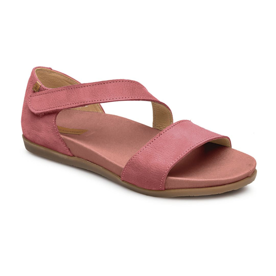 N5652 Closed-Back sandal in Frambuesa. A pinkish-red nubuck upper with a diagonal Velcro strap across the foot. Footbed is faded red, outsole is brown. 