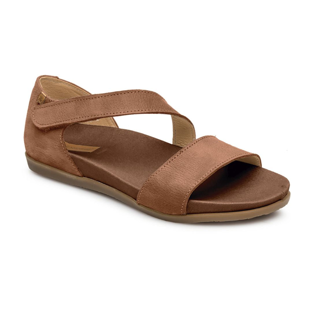 N5652 Closed-Back Sandal in Wood. Brown leather upper with a diagonal Velcro strap across the foot. Footbed and outsole are both brown. 