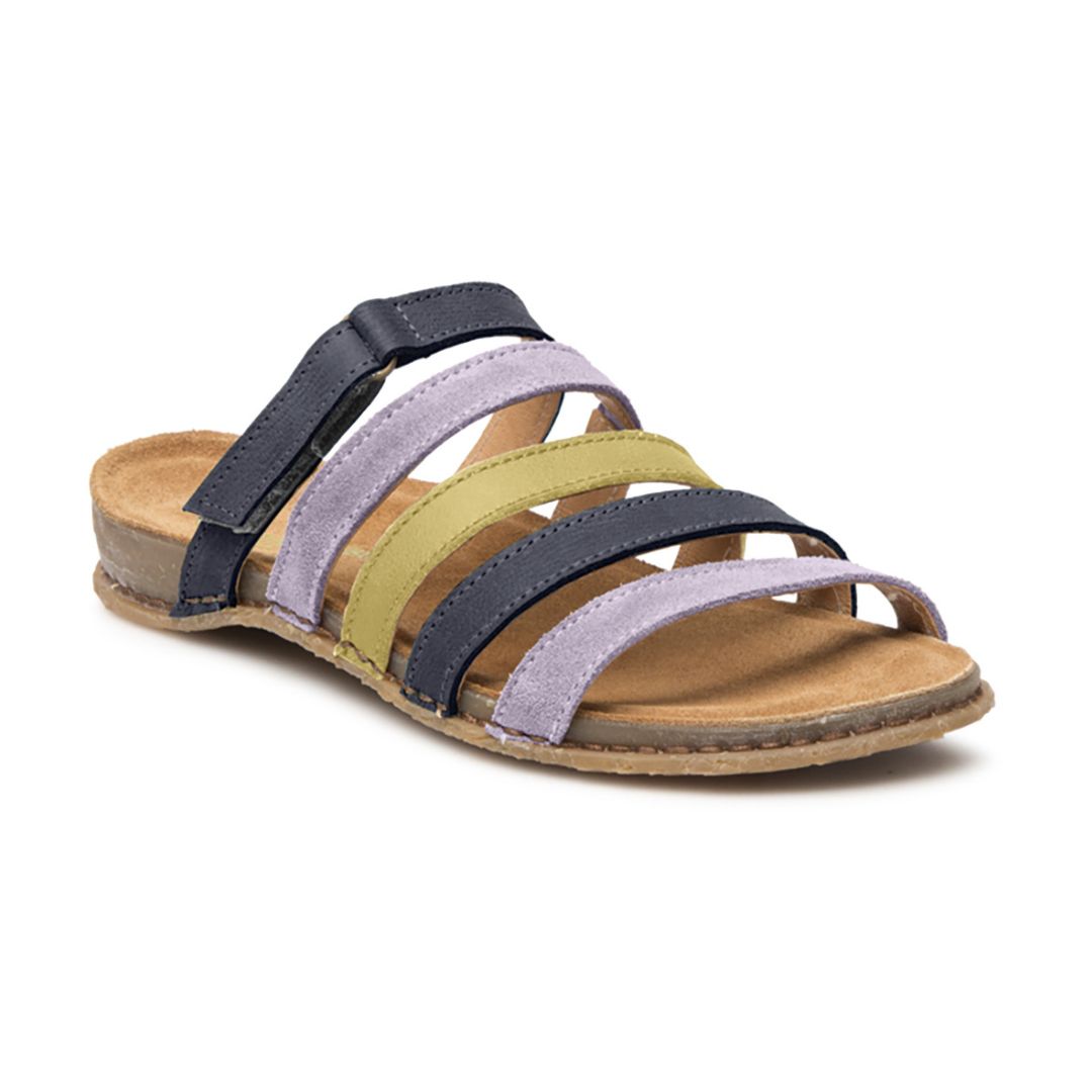 A slide sandal with 5 thin multicoloured straps in navy, light purple, and yellow nubuck. The top strap has a velcro closure. 