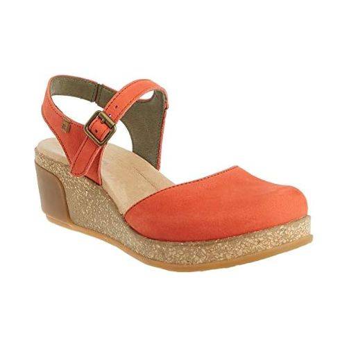 Closed-Toe wedge in red with buckled ankle strap.