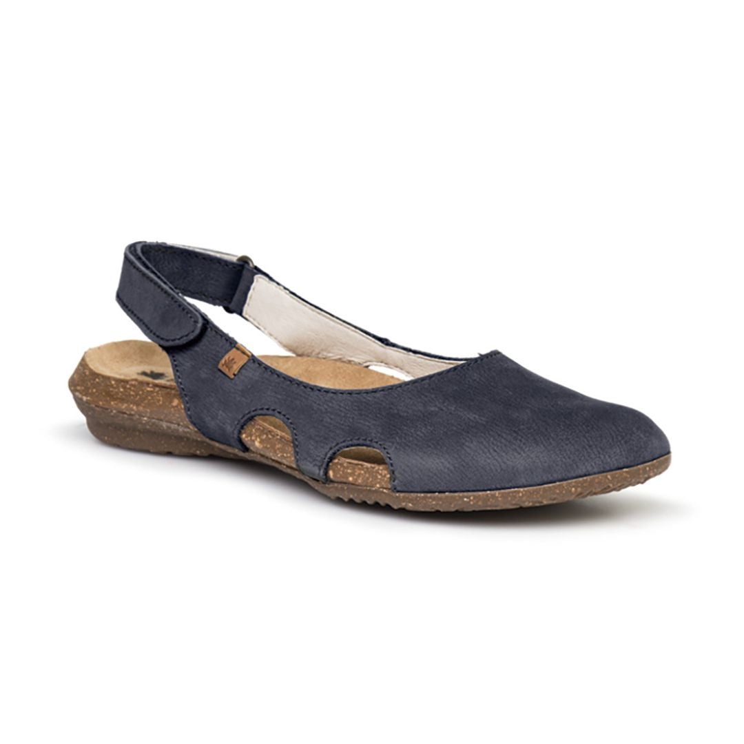 N413 Closed-Toe Sandal in Ocean. A navy blue nubuck upper with an adjustable strap around the ankle. Footbed is beige, outsole is brown. 