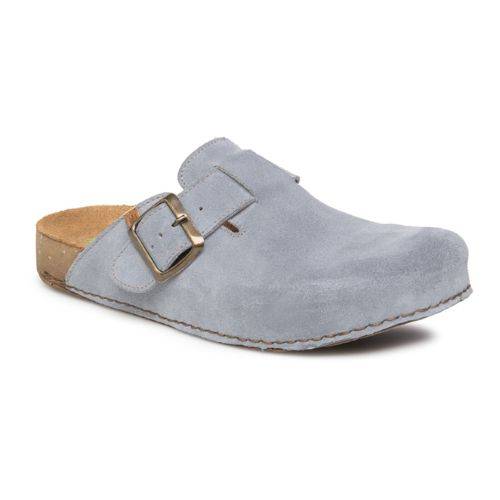 El Naturalista N5796 clog in light blue suede with a sturdy cork sole and adjustable buckle, designed for comfort and sustainability.