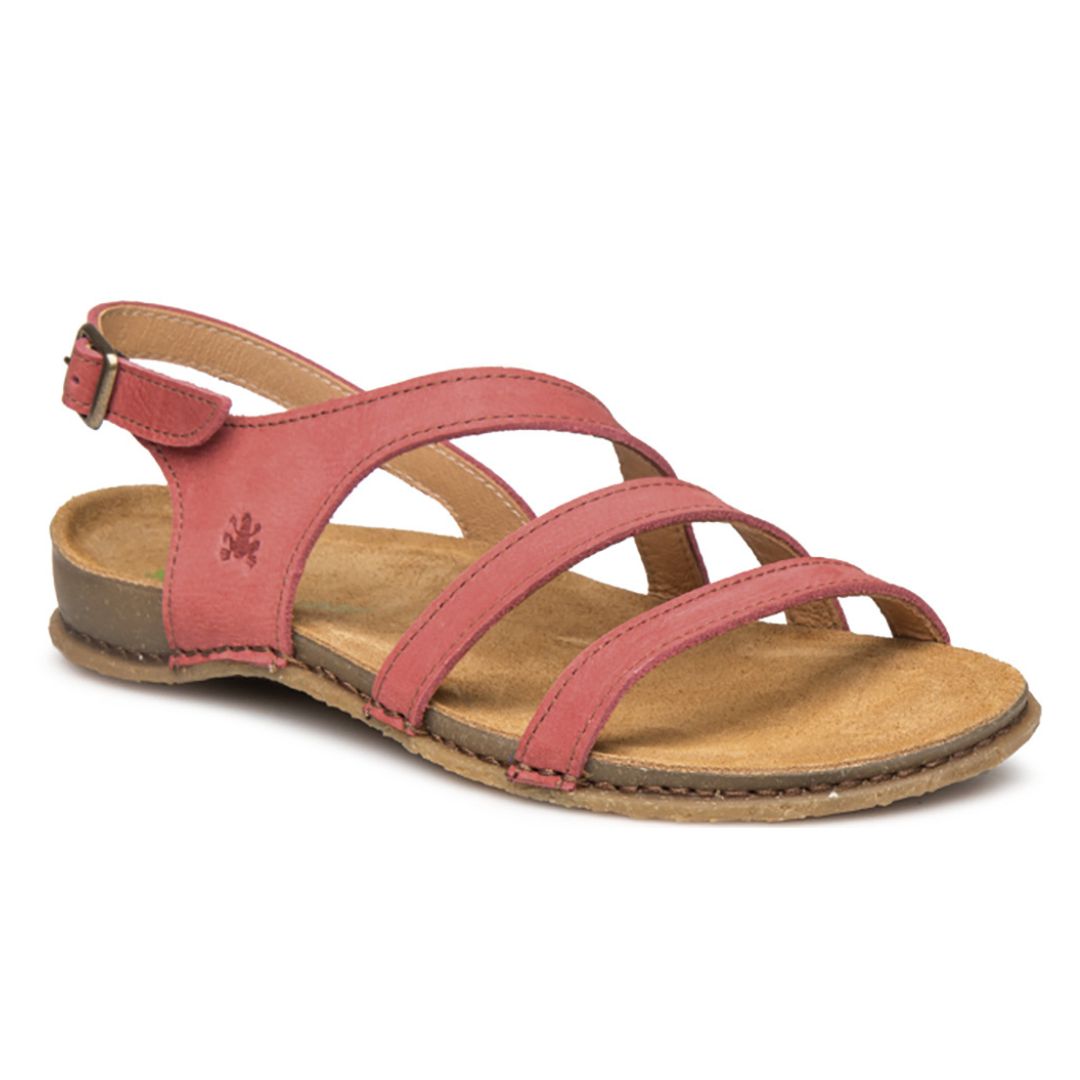 N5811 Backstrap Sandal in Frambuesa. Red nubuck strappy sandal with an adjustable backstrap. Footbed and outsole are brown. 