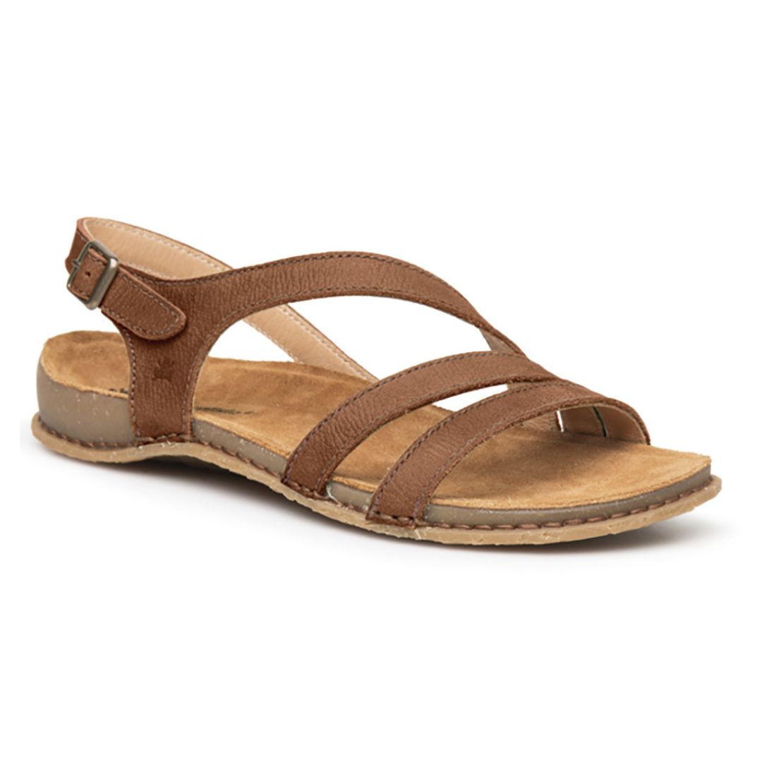 N5811 Backstrap Sandal in Wood. Brown nubuck strappy sandal with an adjustable backstrap. Footbed and outsole are brown. 