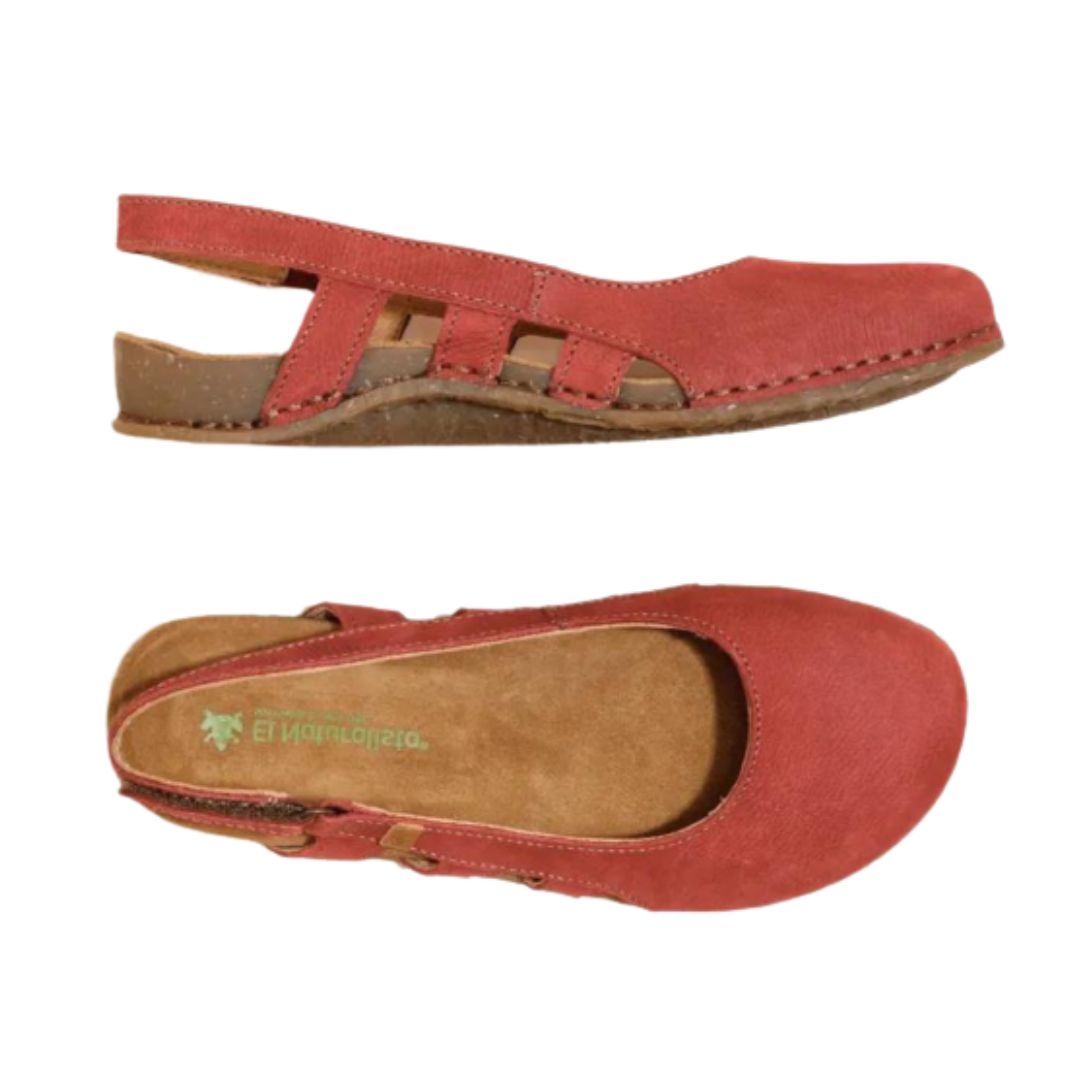 Top and side view of N5817 Closed-Toe Sandal in red. Footbed has a green El Naturalista logo. 