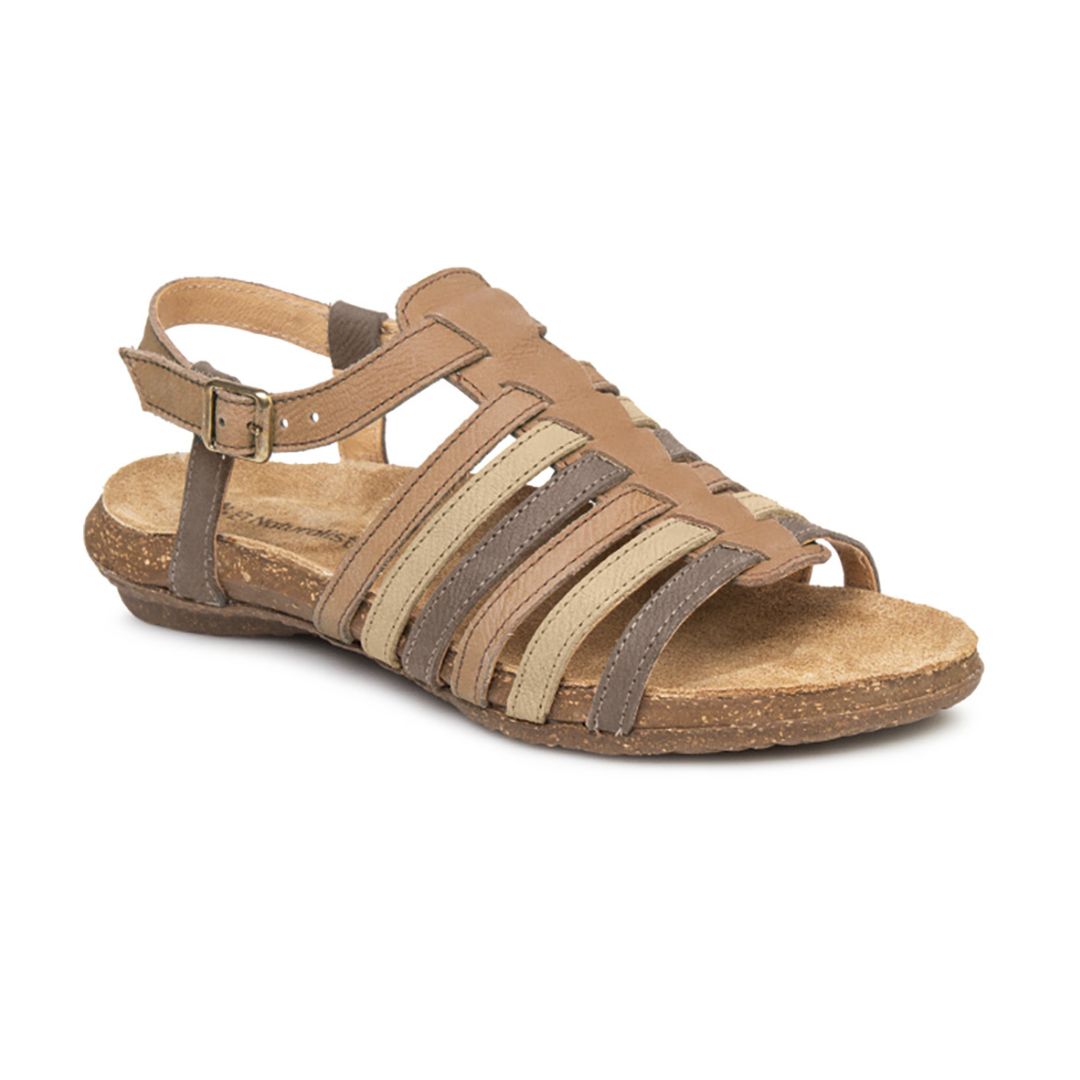 N5056 Backstrap Sandal in Honey. A strappy sandal with beige, taupe, and tan nubuck straps, a cork midsole and a brown rubber outsole. Buckle has gold hardware. 