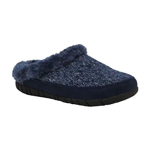 A blue slide slipper with a knit upper, a dark blue faux fur collar, and a black outsole. 
