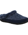 A blue slide slipper with a knit upper, a dark blue faux fur collar, and a black outsole. 
